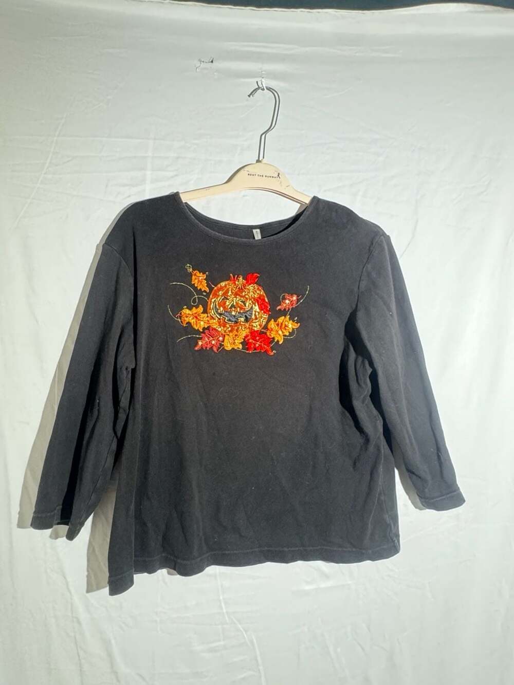 White Stag Halloween Pumpkin Shirt Womens XL Black Beaded Autumn Fall Graphic⁠